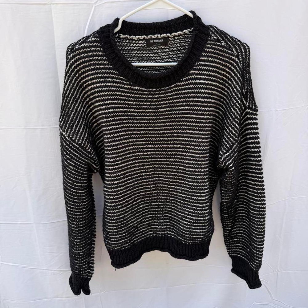 The Workshop Black & Ivory Distressed Open-Knit Sweater – Large